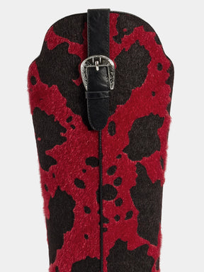 red_black_cowprint_engraved_buckle_western_boots