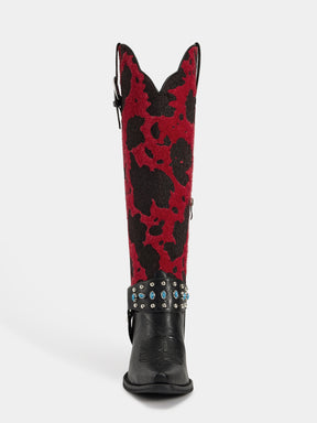 red_black_cowprint_ornate_buckle_western_boots