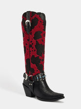 red_black_cowprint_turquoise_buckle_western_boots