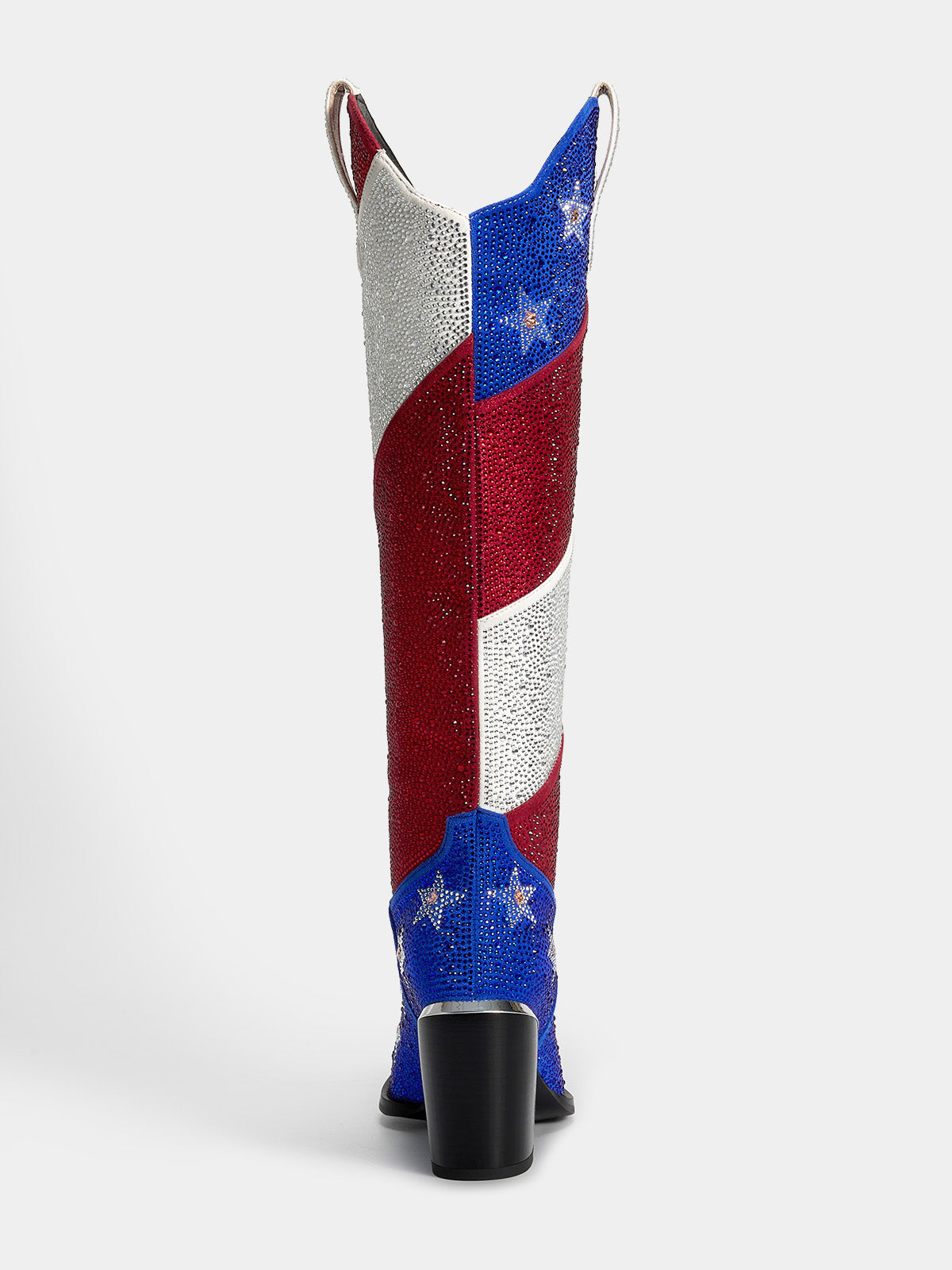 red_white_blue_rhinestone_block_heel_back_view_cowgirl_boots