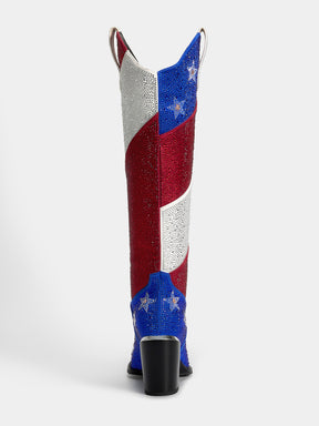 red_white_blue_rhinestone_block_heel_back_view_cowgirl_boots