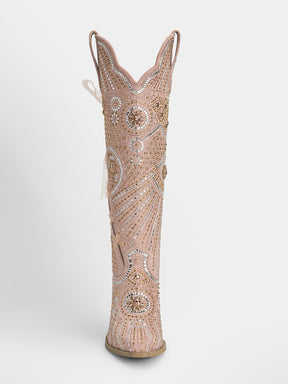 rose-pink-mesh-lace-up-rhinestones-womens-western-boots-knee-high