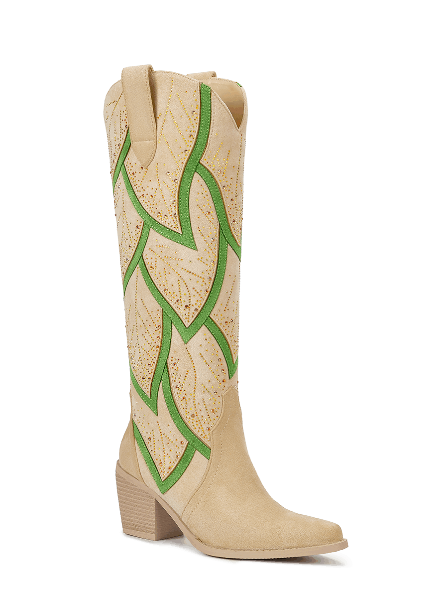 sand-beige-leaf-motif-western-cowgirl-boots