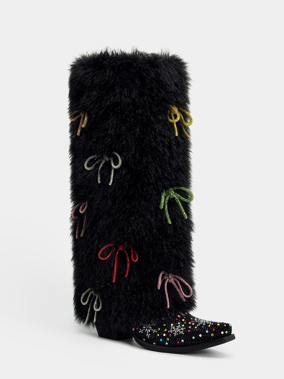 scattered_rainbow_bow_plush_fur_cowboy_boot