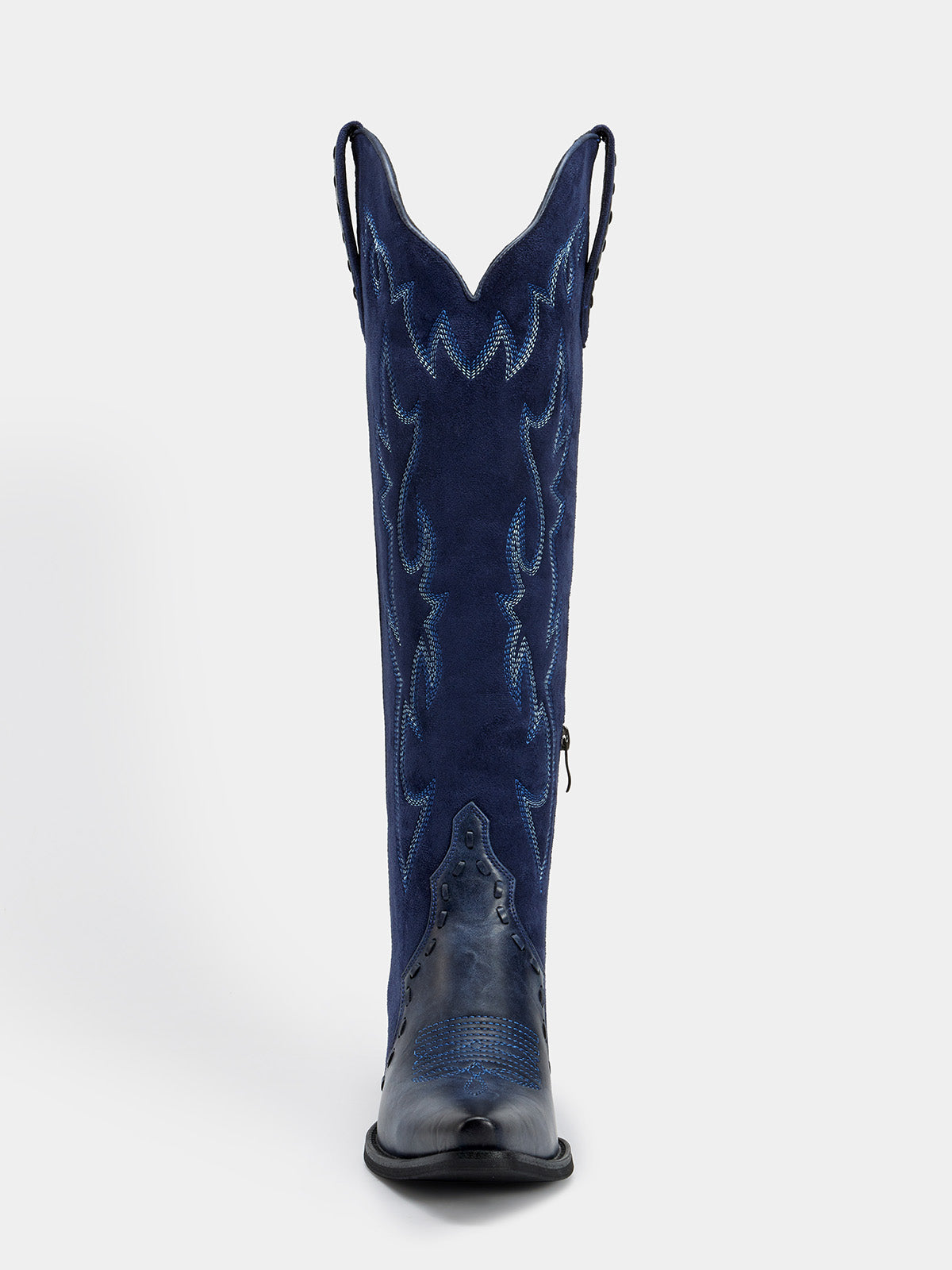 side_zipper_navy_suede_v_collar_embroidered_cowgirl_boots