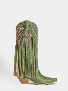 vintage_green_faux_suede_floral_rhinestone_fringe_cowgirl_boots