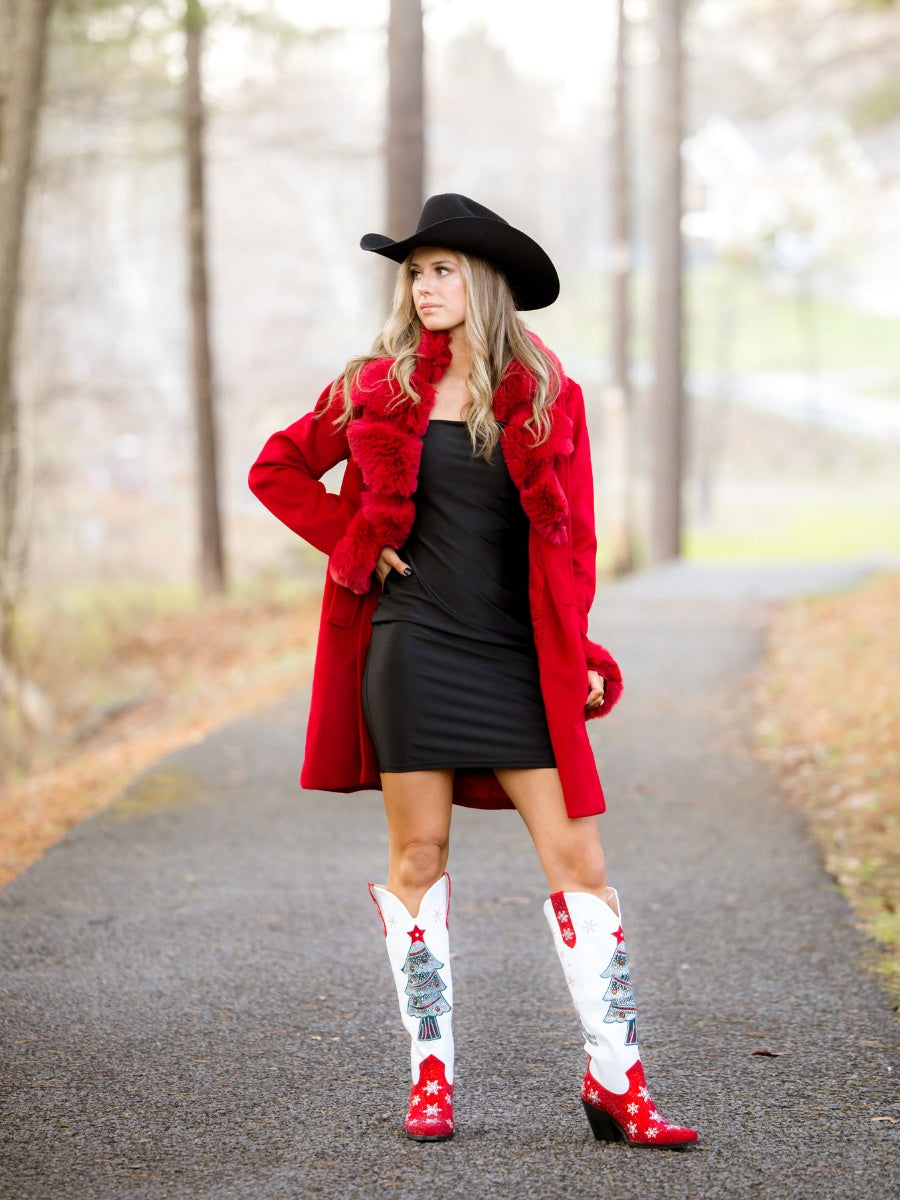 Red And White Christmas Tree Rhinestone Cowgirl Boots | WETKISS BOOTS