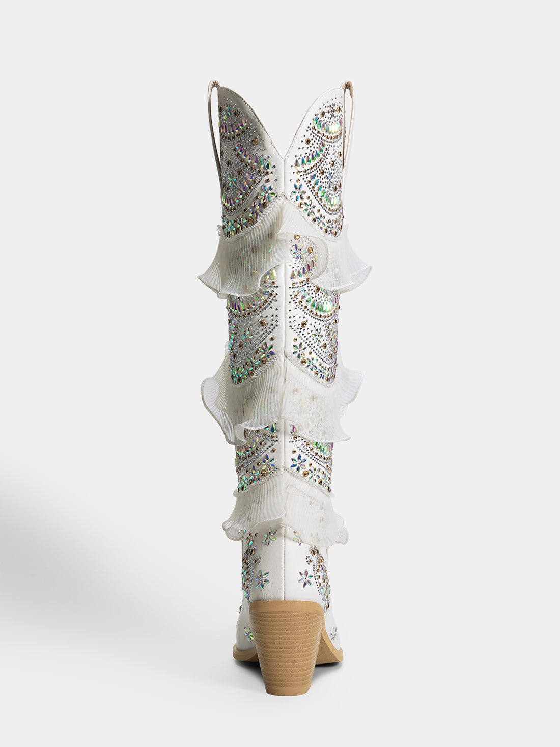 White Layered Ruffled Rhinestones Wedding Cowgirl Boots | WETKISS BOOTS