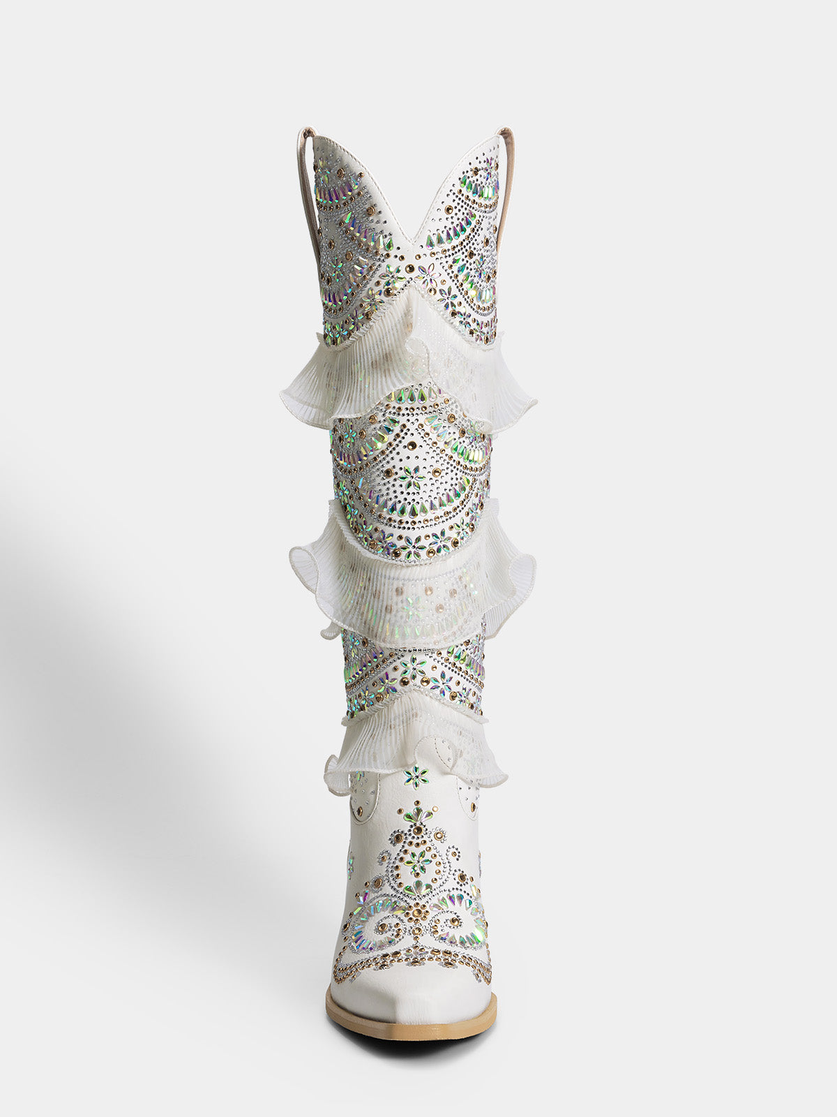 white-layered-ruffled-rhinestones-wedding-cowgirl-boots-knee-high