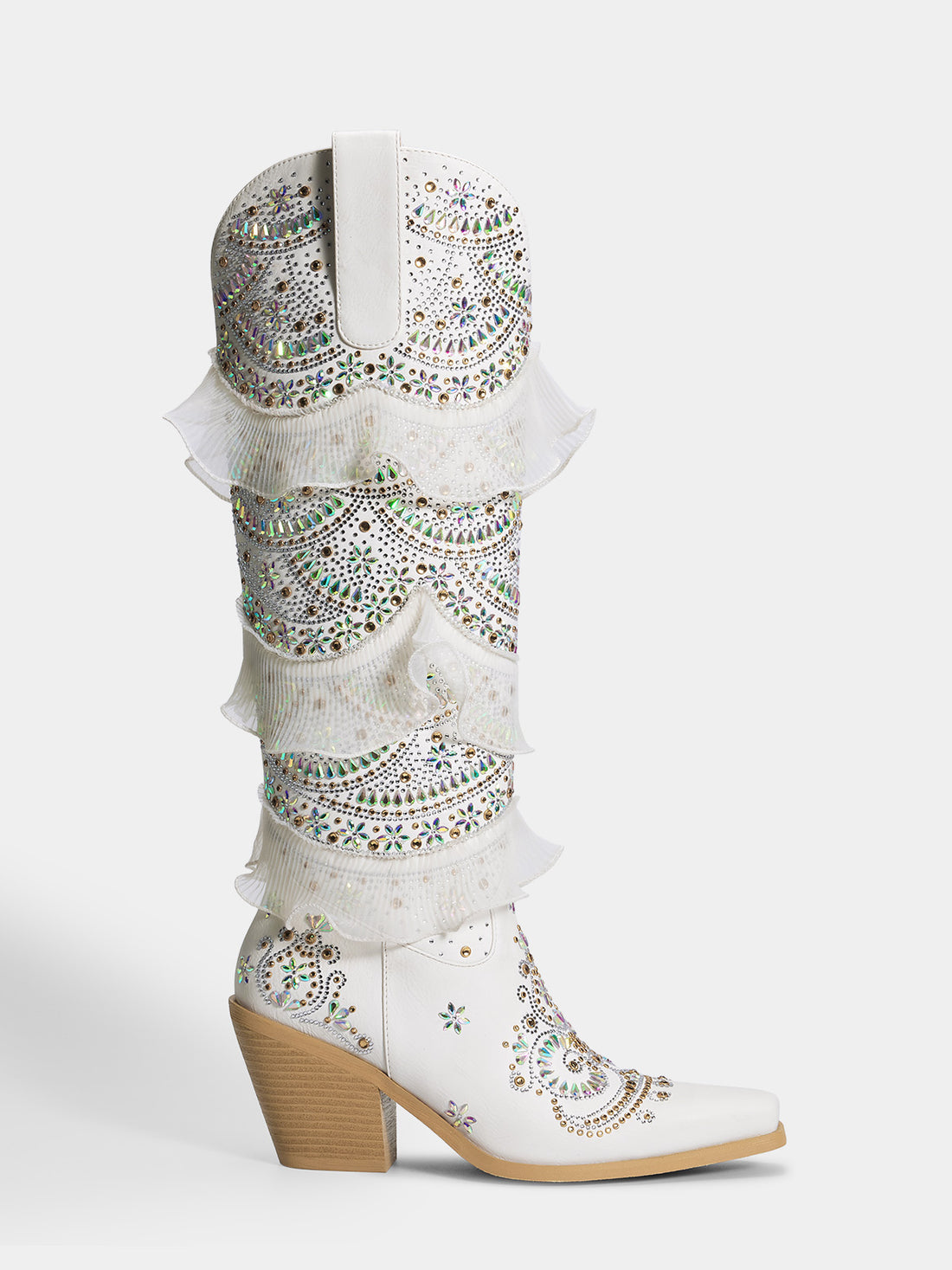 White Layered Ruffled Rhinestones Wedding Cowgirl Boots | WETKISS BOOTS