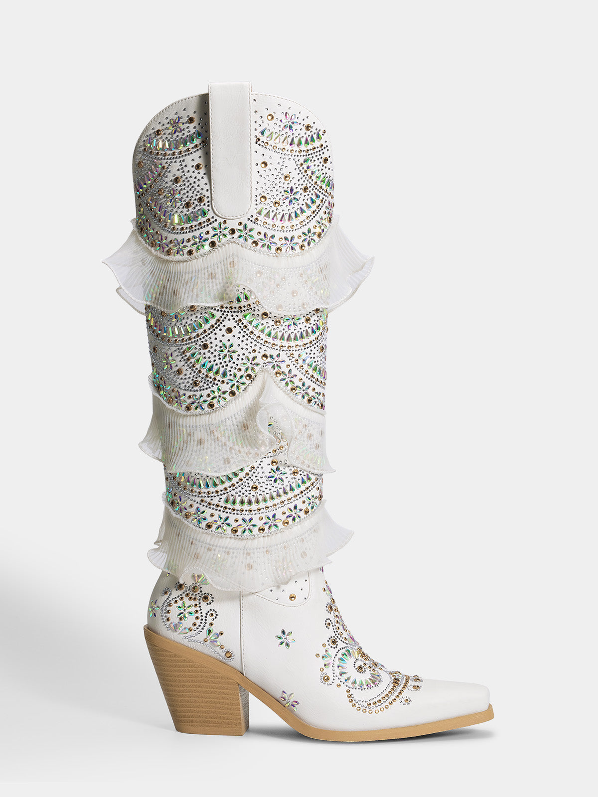 white-layered-ruffled-rhinestones-wedding-cowgirl-boots-pull-on