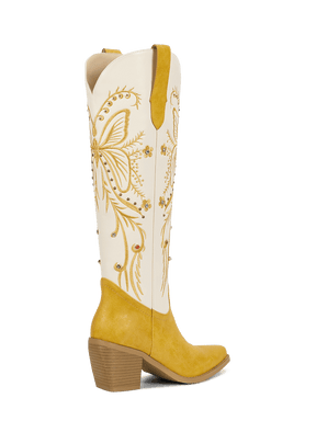 yellow-embroidered-butterfly-rhinestone-rivets-mid-heel-cowgirl-boots