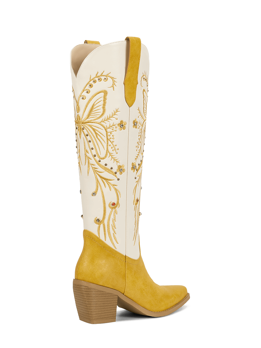 yellow-embroidered-butterfly-rhinestone-rivets-mid-heel-cowgirl-boots