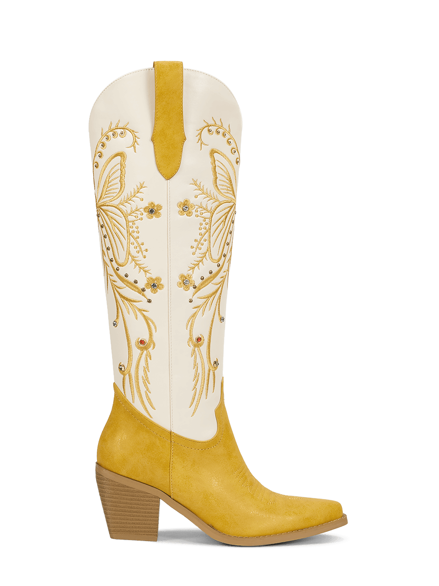 yellow-embroidered-butterfly-rhinestone-rivets-side-zipper-cowgirl-boots