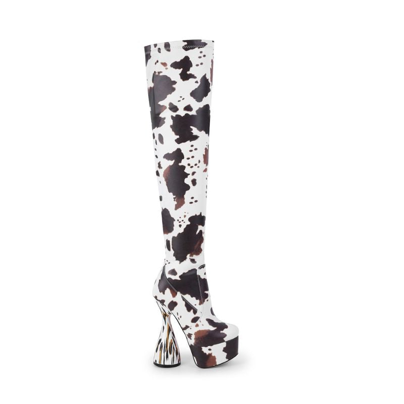 Cow Print Mallet Over The Knee Boots